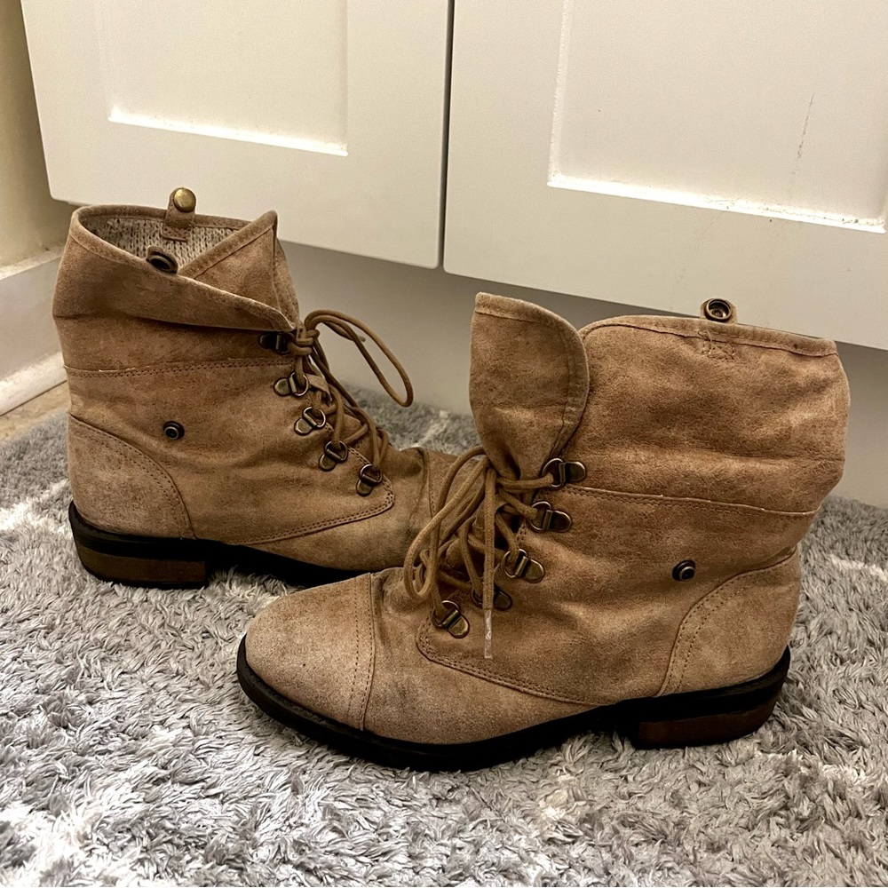 Brown Tan Ankle Boots Combat Boots lace up versatile adjustable 2 in 1 button - Picture 8 of 12